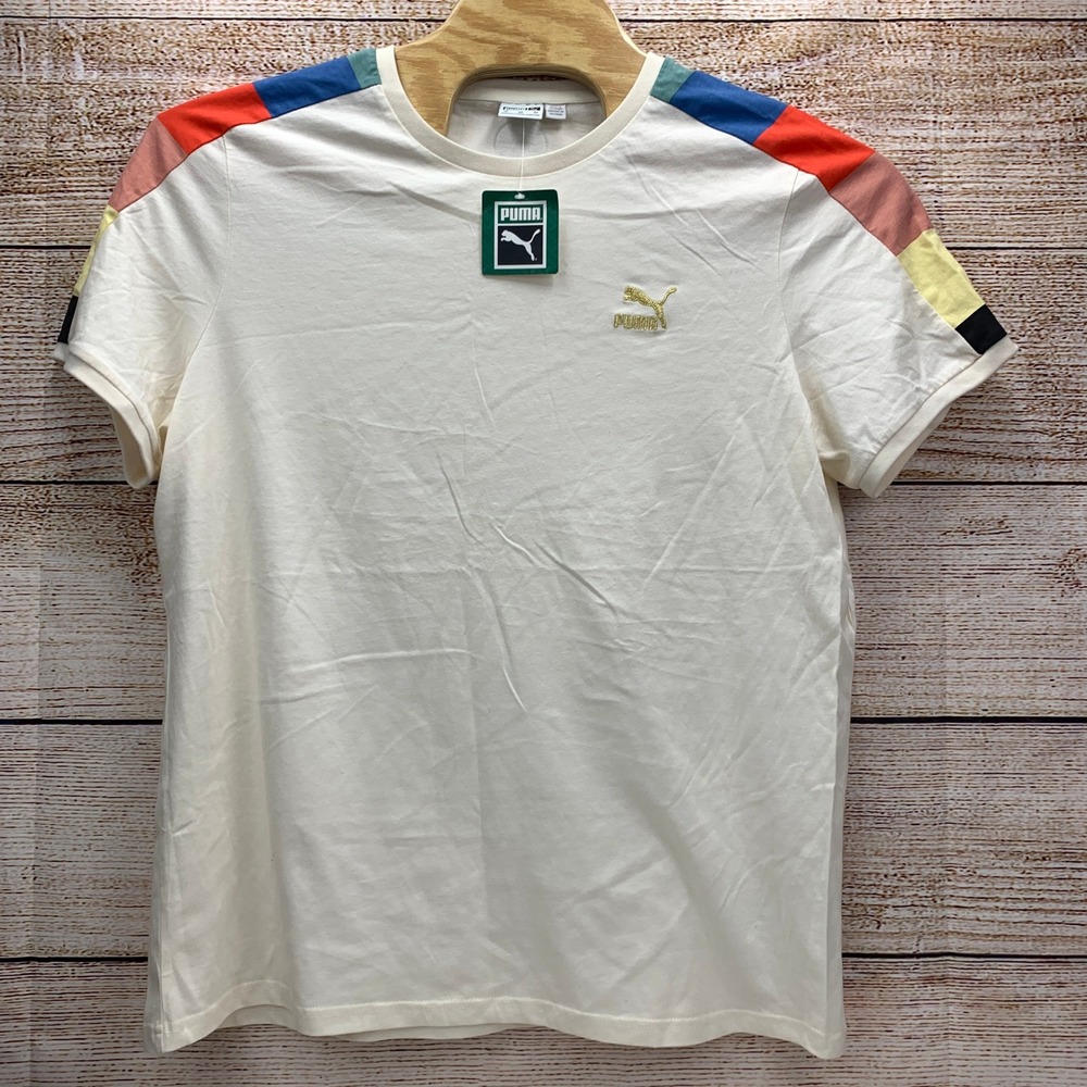 Puma Go For Iconic‎ Tee Pristine Cream XXL Colorblock Sleeve Logo Shirt NWT